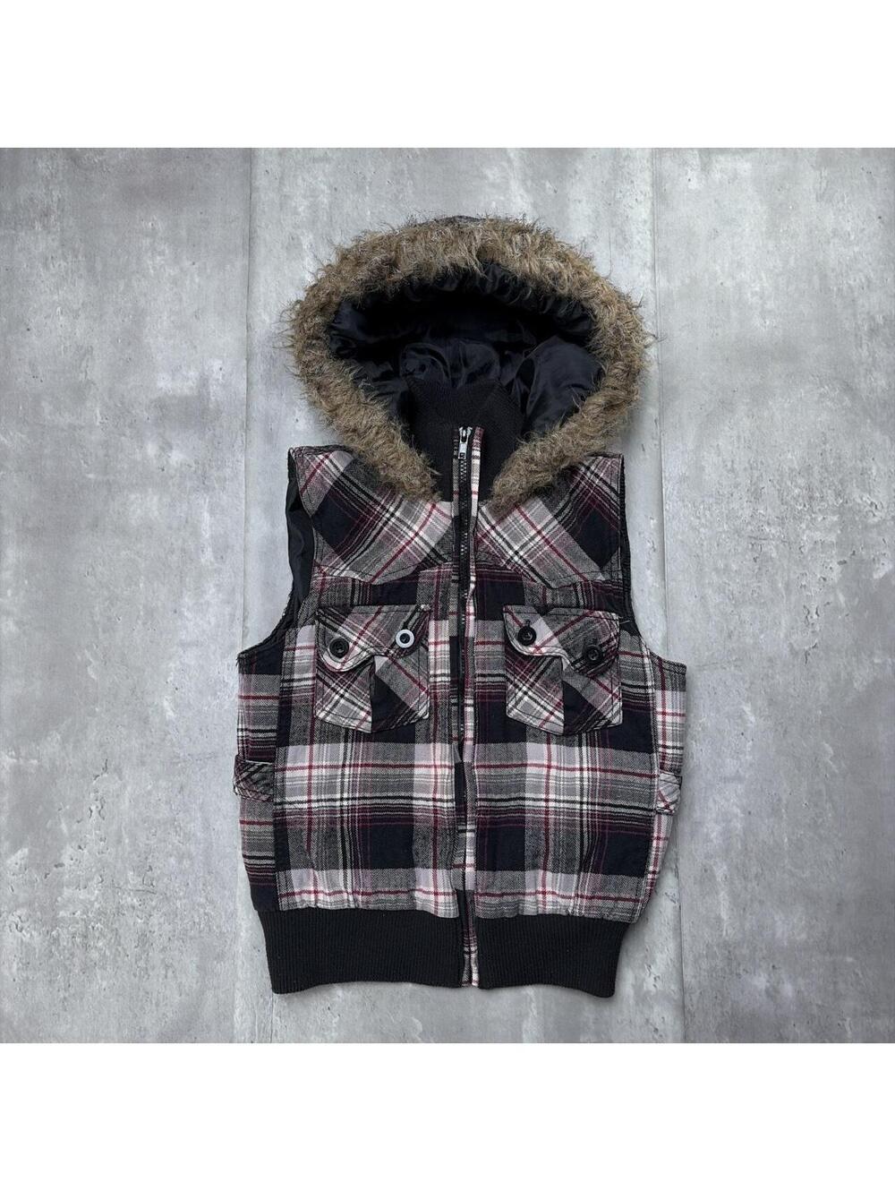 Y2K Black Ashley Grunge Faux Fur Hooded Puffer Vest